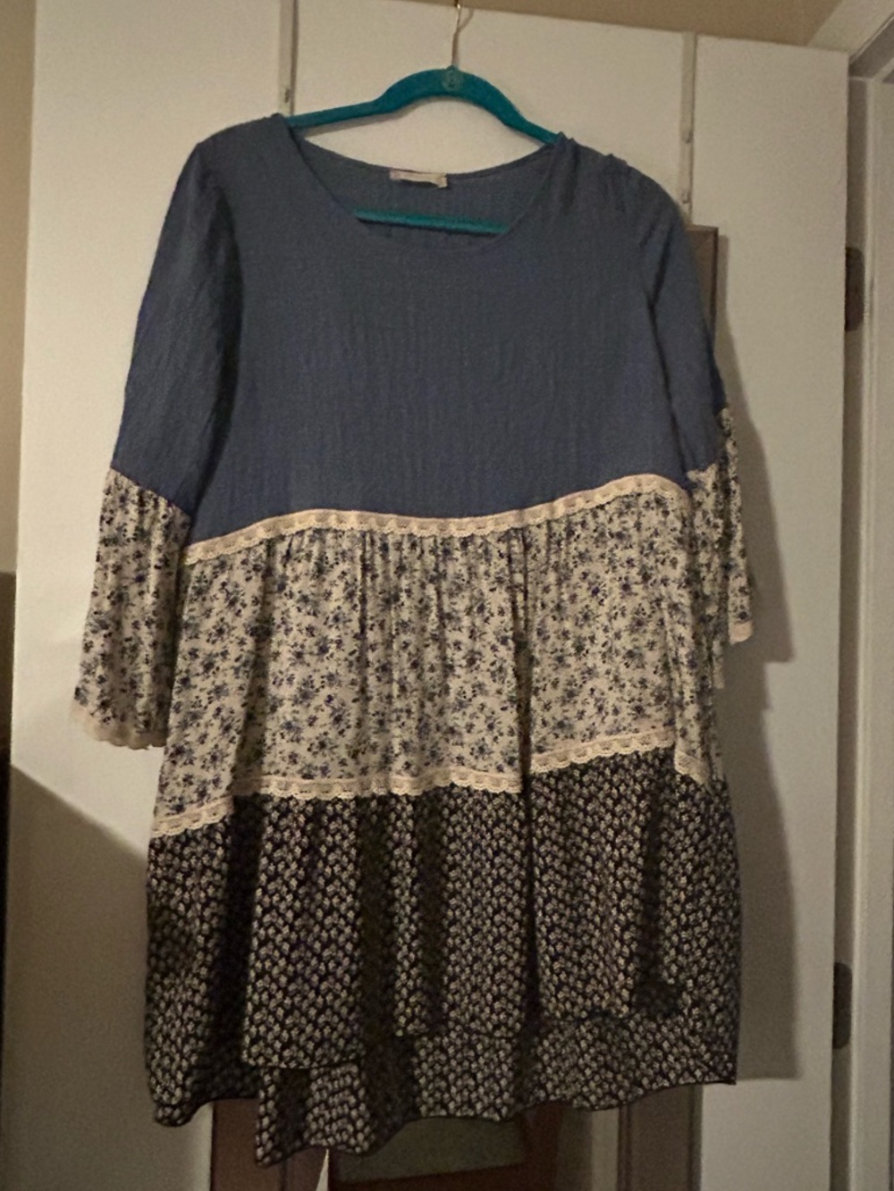 Altar'd State Blue and Cream Tiered Long Sleeve Dress